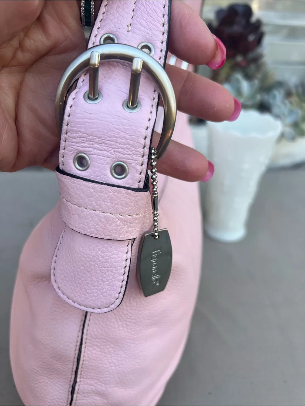 Soft Pink Pebbled Leather Shoulder Bag with Buckle Detail
